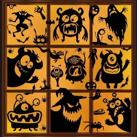 Décoration Fenêtre Halloween à Pinces - Lot de 8 Autocollants Monstres Noirs 30 x 22 cm Ortviai