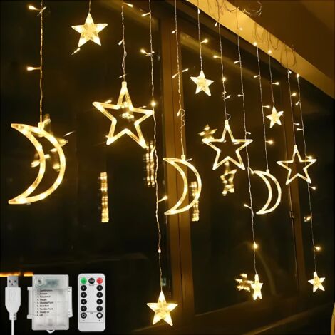 Décoration lumineuse de Noël pour fenêtre, guirlande de 3,5 m avec étoiles et lune, 138 LED, alimentation USB et piles, 8 modes d'éclairage blanc chaud.