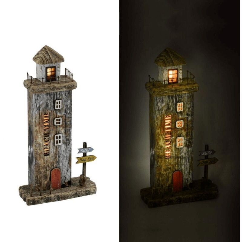 Décoration Mer Phare Bois Naturel Avec Led Cm16X6,5H29