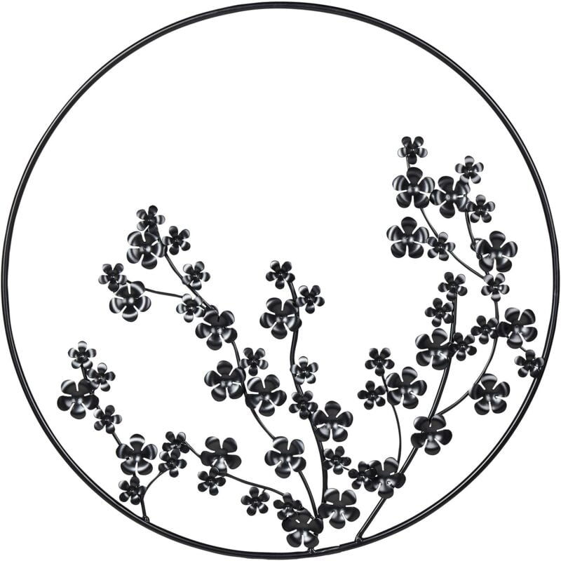 Décoration Moderne Floral Art Mural Rond ⌀ 70 cm Cadre en Métal Noir Strontium