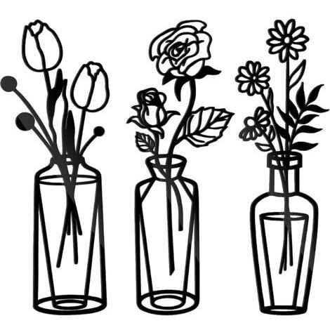 Décoration mural avec fleurs en métal 3 pièces sculpture murale en métal noir art minimaliste art suspendu pour patio balcon salon chambre à coucher, décoration maison