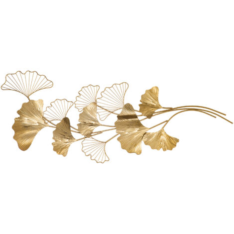 Décoration Murale 3D Métallique, Art Doré aux Feuilles de Ginkgo 138x70cm
