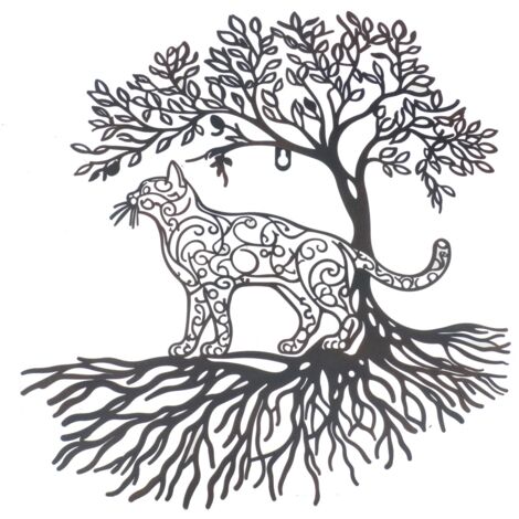 Décoration murale arbre avec chat ethnique, décoration d'intérieur en métal