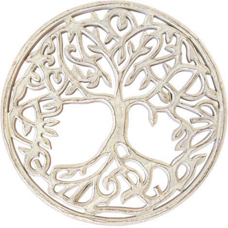 Décoration murale arbre de vie en bois blanc patiné 30 cm