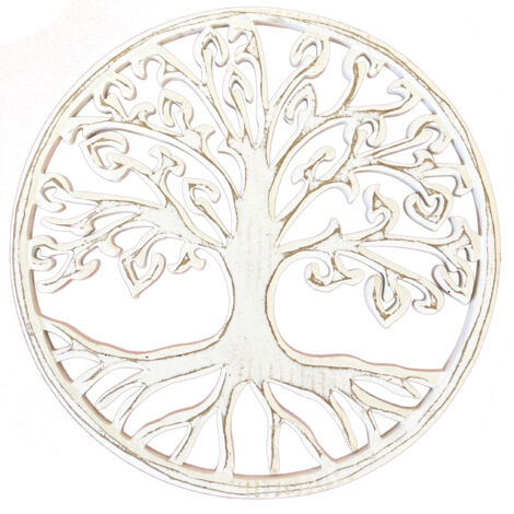 Décoration murale arbre de vie en bois blanc patiné 30 cm