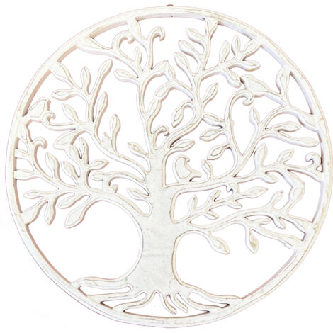 Décoration murale Arbre de Vie en bois blanc patiné  30 cm