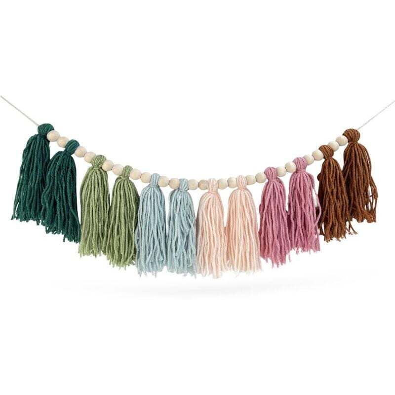 Décoration murale arc-en-ciel bohème à pompons en perles de bois - Guirlande de pompons pastel colorés pour chambre d'enfant, salle de classe,