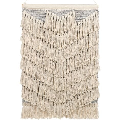 Décoration Murale Boho Tissée à la Main avec Pompons en Coton Beige Kotra