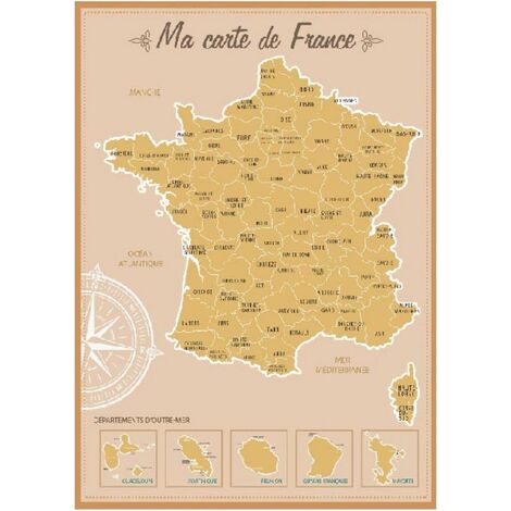 Décoration murale carte de France à gratter 52 x 73 cm – Papier – Pour passionnés de voyages et découvertes – Installation facile – Sud Trading