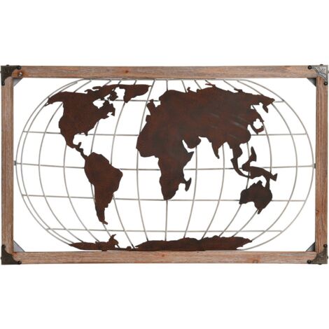 Décoration murale carte du monde en métal esprit loft cuivre naturel - cuivre effet bois clair naturel