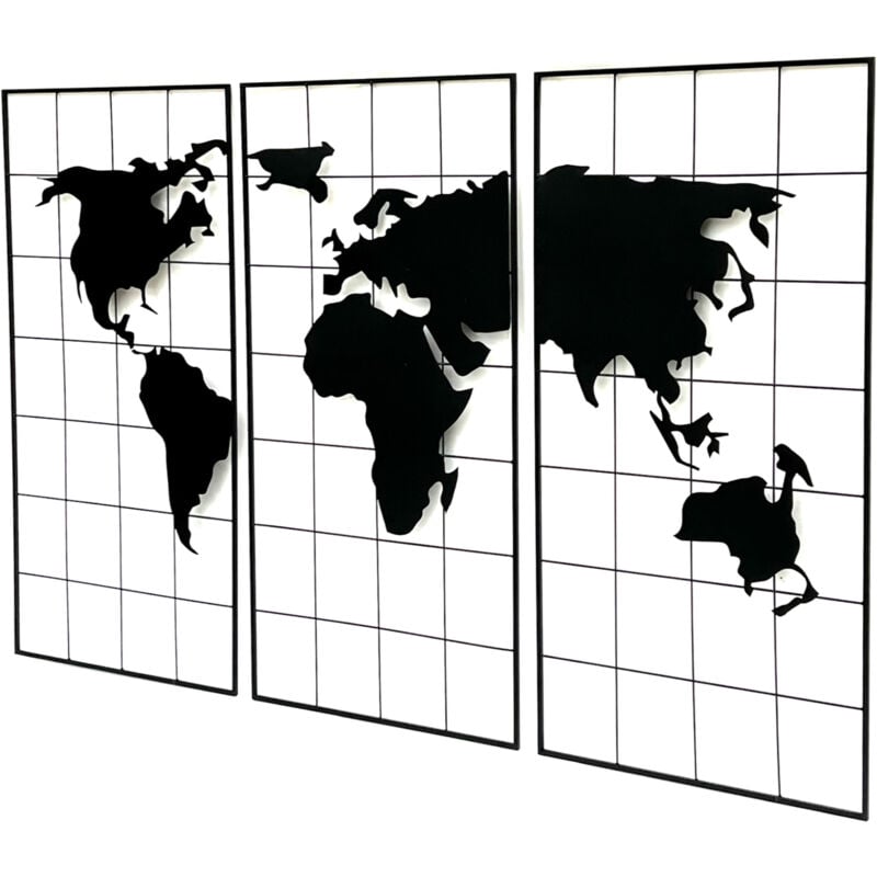 Dandibo - Décoration murale Carte du Monde Métal 170x100 cm Noir 3 pièces Panneau décoratif 210329 Tableau mural Atlas mondial Décoration Panneau Art