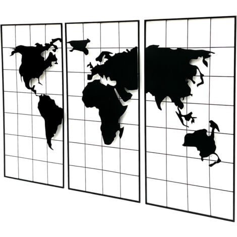 Décoration murale Carte du Monde Métal 170x100 cm Noir 3 pièces Panneau décoratif 210329 Tableau mural Atlas mondial Décoration Panneau Art mural