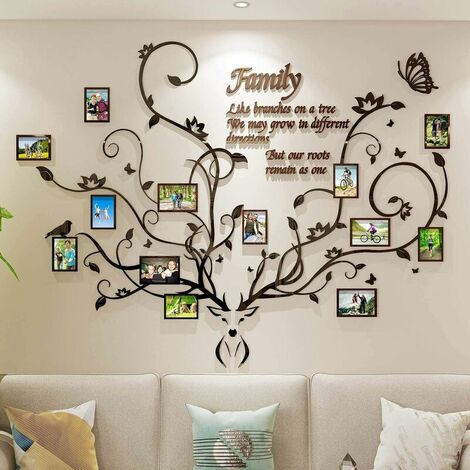 Décoration murale d'arbre généalogique de bois de cerf pour le salon, collage de cadre photo amovible en 3D autocollants acryliques bricolage avec tête de cerf et citation famille comme des branches s