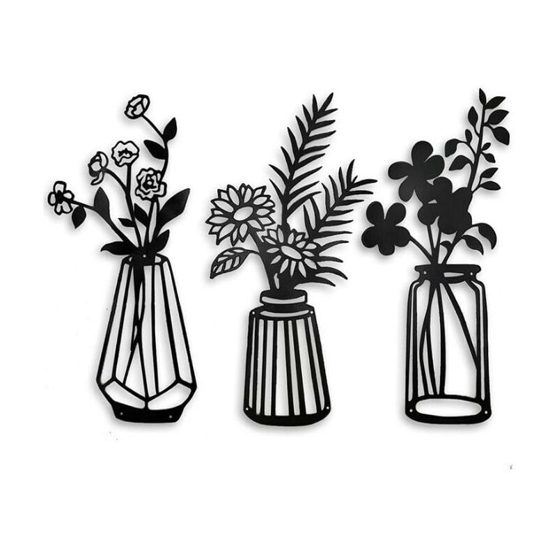 Ensoleille - Décoration murale de fleurs en métal 3 pièces, sculpture murale de fleurs de vase en métal, art de décoration murale en métal noir pour