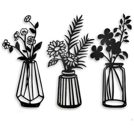 Décoration murale de fleurs en métal 3 pièces, sculpture murale de fleurs de vase en métal, art de décoration murale en métal noir pour salon salle de bain chambre à coucher, art mural noir pour cuisi