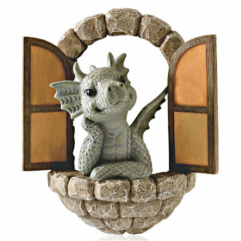 Décoration murale de sculpture de dragon de cour, belle statue de dragon de jardin en résine, petit dragon méditant devant la fenêtre, figurines d'art, ornements de décoration pour patio, cour
