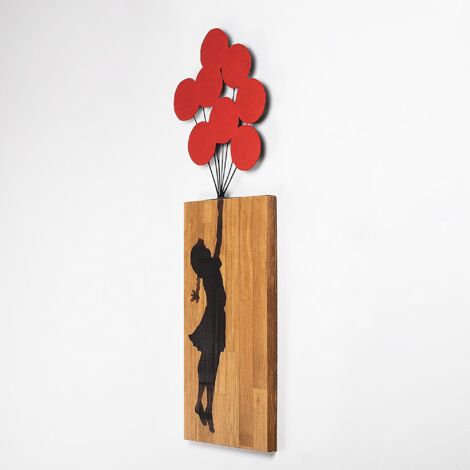 Décoration murale en bois et métal – Fille avec ballons rouges – Design ludique pour intérieur chaleureux – Dimensions 62x70x3 cm