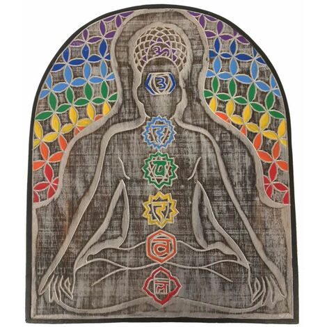 Décoration murale en bois patiné Chakras sukhasana