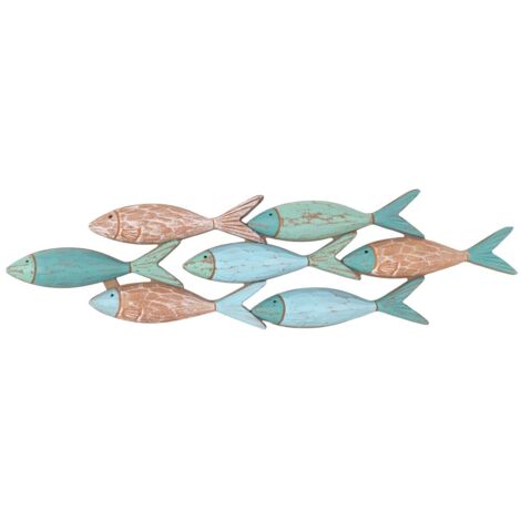 Décoration murale en MDF représentant un poisson bleu et marron, idéale pour un décor de bord de mer.
