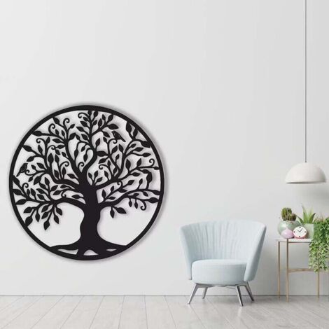 Décoration murale en métal « Arbre de Vie » avec cadre, style industriel noir, grande taille, peinture originale moderne, idéale pour le salon (35 x 35 cm).