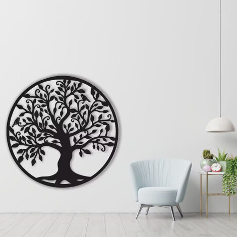 Décoration murale en métal « Arbre de Vie » avec cadre, style industriel noir, grande taille, peinture originale moderne, idéale pour le salon (35 x 35 cm).