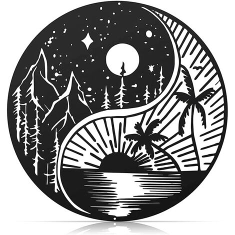 Décoration murale en métal avec motif soleil et lune à suspendre - Décoration murale en fer pour salon, cuisine, jardin, noir - 28 x 28 cm