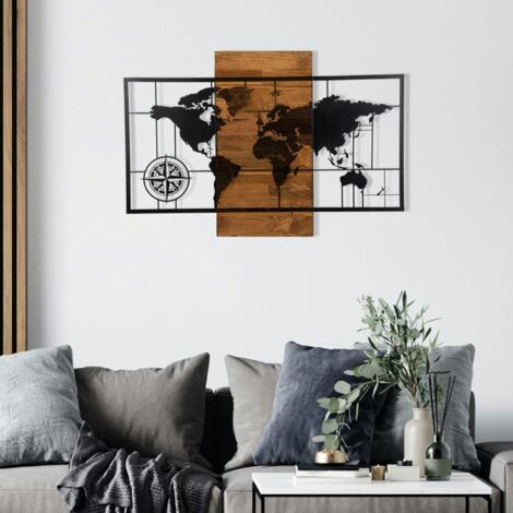 Décoration murale en métal et bois – planisphère