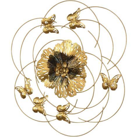 Décoration murale en métal – Fleur centrale & papillons – Doré & anthracite – 54 cm DEC050007