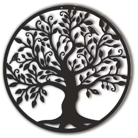 Décoration murale en métal noir Arbre de vie pour salon, couloir, escaliers, extérieur (30 cm)