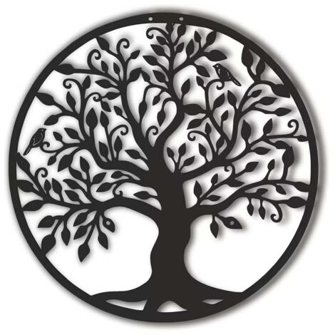 Décoration murale en métal noir Arbre de vie pour salon, couloir, escaliers, extérieur (30 cm)