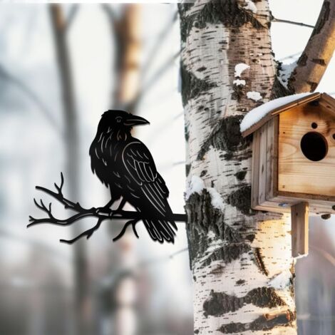 Décoration murale en métal représentant un corbeau sur une branche, silhouette d'oiseau sur une branche pour arbre, jardin, terrasse ou patio.