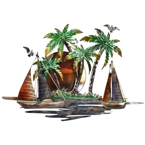 Décoration murale en métal représentant une île tropicale avec des bateaux