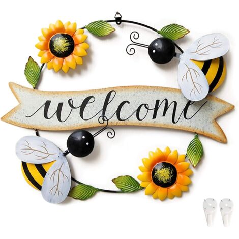 Décoration murale en métal Tournesol et Abeille - Panneau suspendu pour jardin intérieur/extérieur (Tournesol jaune et Abeille)