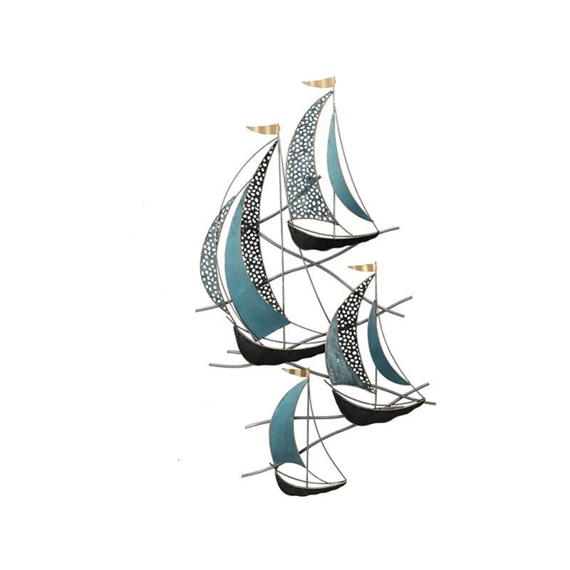 Décoration murale en métal verticale 4 bateaux couleur bleu, noir et or