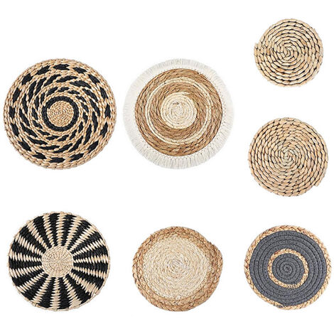 Décoration Murale  Ensemble de 7 Paniers Bohèmes Tressés en Fibre Naturelle  Pour Salon, Entrée et Chambre  Décor Main Artisanal