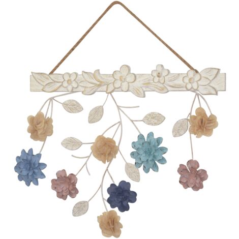 Décoration murale fleurie en MDF métal et tissu – Suspension avec corde en lin 58 x 4 x 59 cm DEC050024