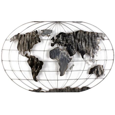 Décoration murale Mappemonde en métal gris et noir 120x75cm