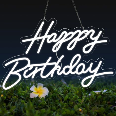 Décoration murale néon « Happy Birthday » — Alimentée par USB avec luminosité réglable  conçue spécifiquement pour les fêtes d'anniversaire et les murs d'accent, diffusant une lueur blanc froid.