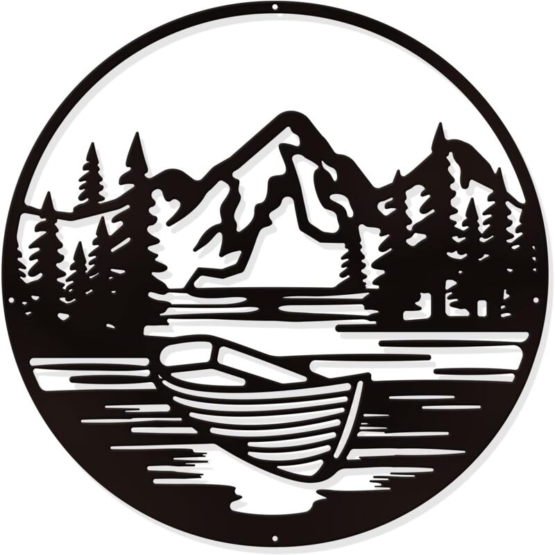 Décoration murale noire Mountain Ship Metal wall art, décoration intérieure créative silhouette en fer forgé