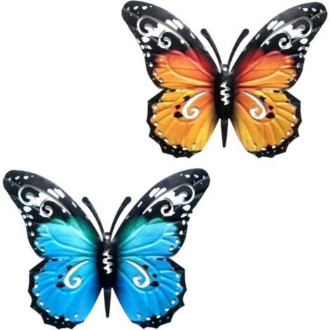 Décoration murale papillons en métal pour jardin et terrasse - Lot de 2 pièces avec papillons 3D colorés