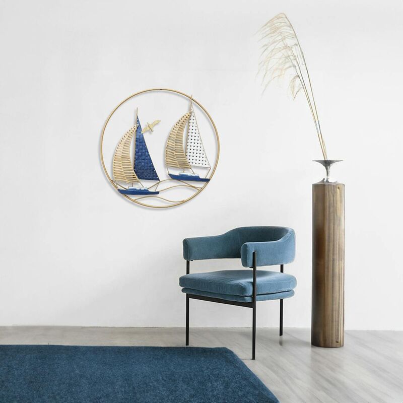 Décoration murale ronde 2 voiliers bleus métal