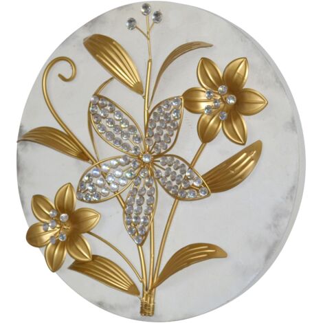 Décoration Murale Ronde – Branche Fleurie Dorée sur Fond Patiné en métal et plaque ronde en MDF DEC050018