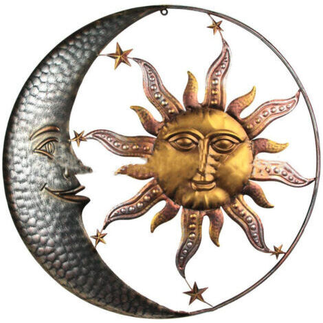 Décoration murale soleil et lune en métal, décoration murale jardin créatif, art mural rétro décoratif pour salon et chambre