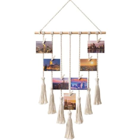Décoration murale tissée en coton – Beige – Support photo fait main avec 25 pinces en bois