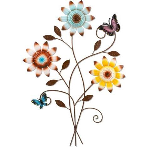 Décoration murale tournesol en métal, décoration de jardin avec papillons