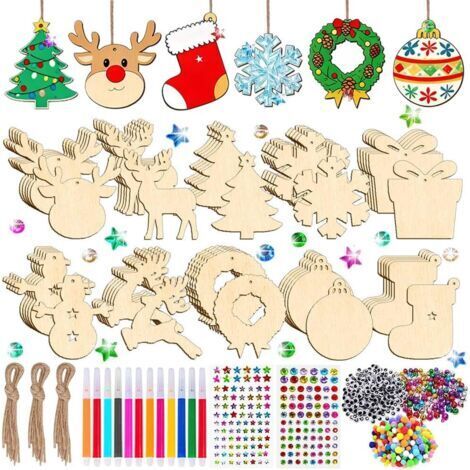 Décoration Noël Bois,264 Pièces Decoration noel Sapin Bois-Convient DIY Dessiner-Figurine de Noel avec Cordon,Pour les Coffrets Cadeaux Décoratifs et les Sapins de Noël