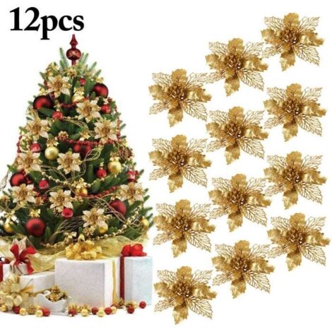 Decoration Noel Sapin, 12Pcs Ornement Sapin Noël Lot déco Noël Glitter Artificielles Fleurs de Noel pour la fête de Mariage Décorati