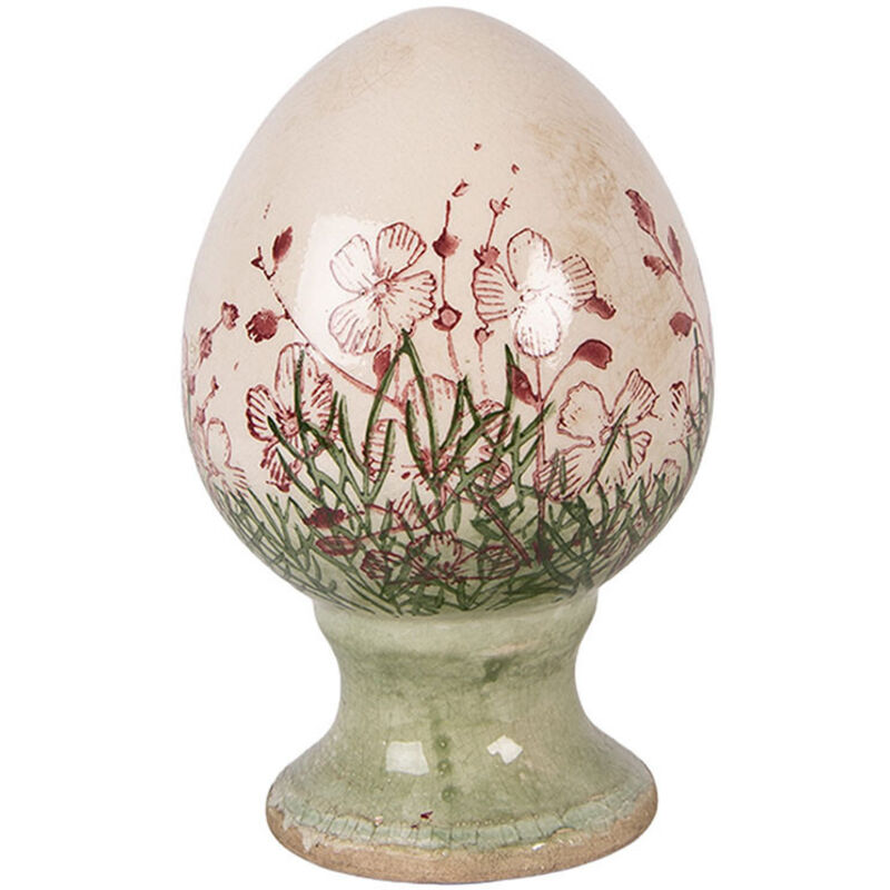Décoration œuf sur pied céramique beige vert 9x9x14cm