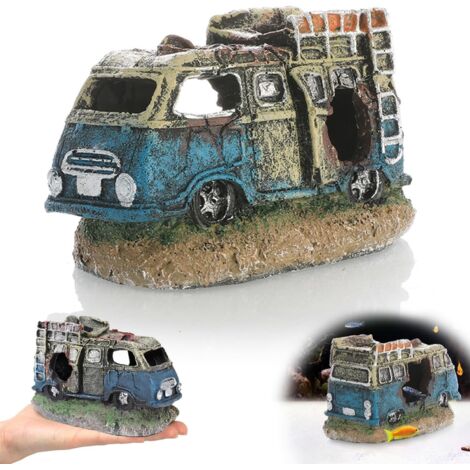 Décoration pour Aquarium en Résine, Ornement Simulation Épave de Bus, Simulation Voiture Épave, Ornement Aquatique Paysager, Habitat pour Poissons, Abri de Jeu et Repos pour Poissons (D)
