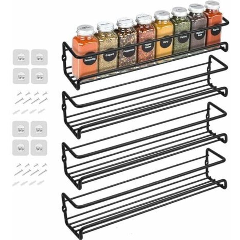 Lot de 4 étagères à épices en métal à fixation murale avec adhésif ou à visser, noir